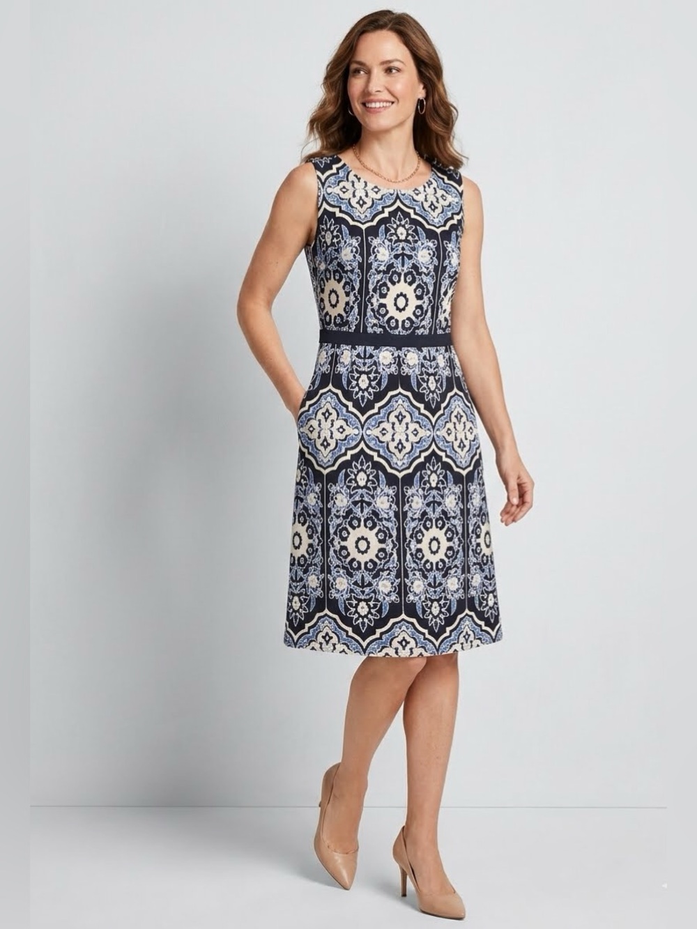 Talbots Sleeveless Blue and White Pique Fit & Flare Pleated Dress Size 8 Wedding